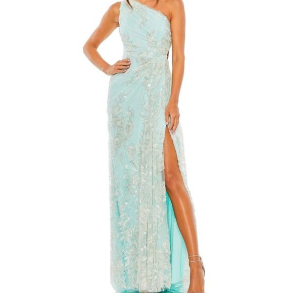 NWT MAC DUGGAL ONE SHOULDER SIDE CUT EMBROIDERED SEQUINED GOWN MINT 2 68507 - Picture 1 of 5